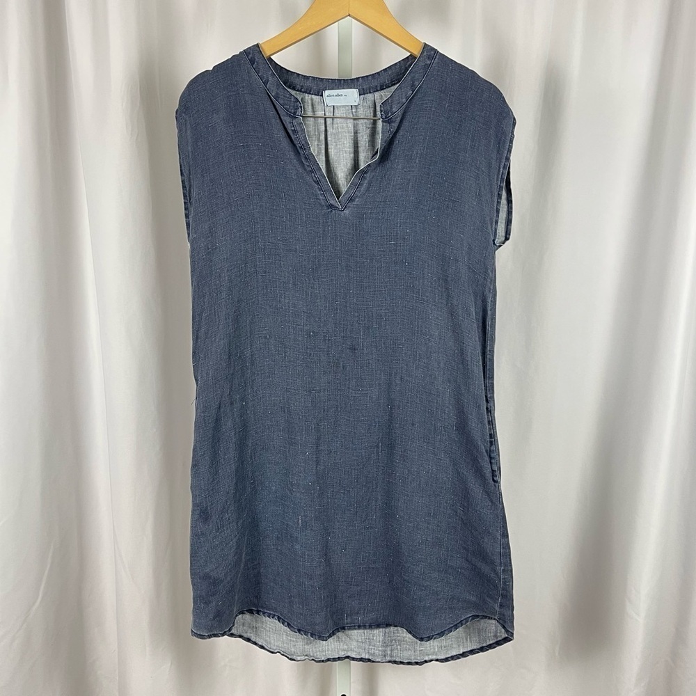 Allen Allen Small Chambray Minimalist Shift Dress V Neck Pockets Lagenlook